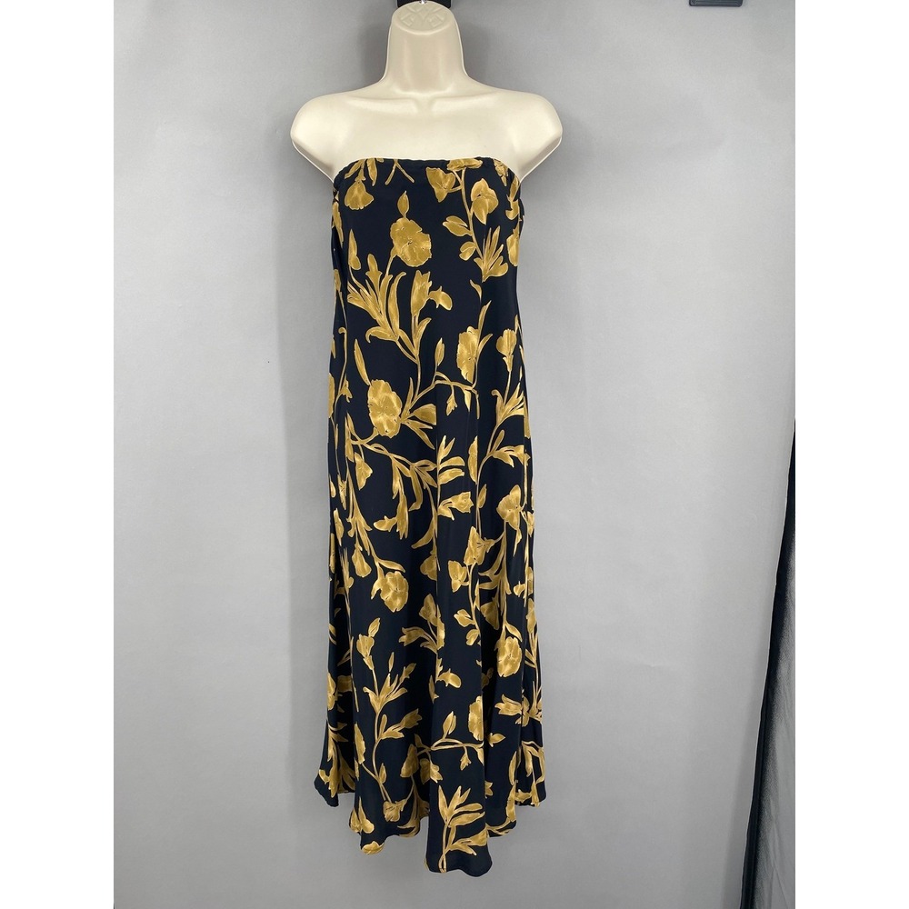 Mimi Maternity Strapless Floral Midi Dress Womens Small Black Gold Rayon Vintage